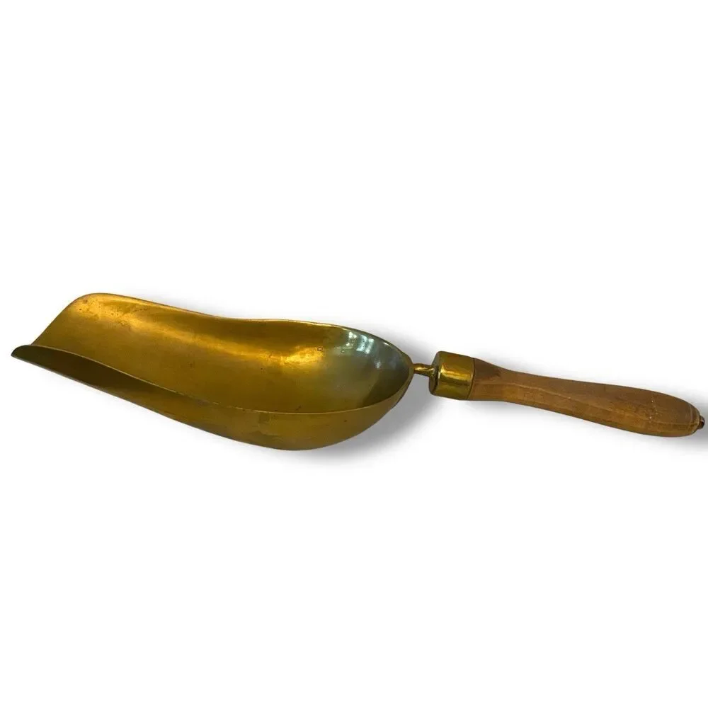 Antique English Brass Grain Sugar Flour Scoop Wood Handls Grain Large 16”